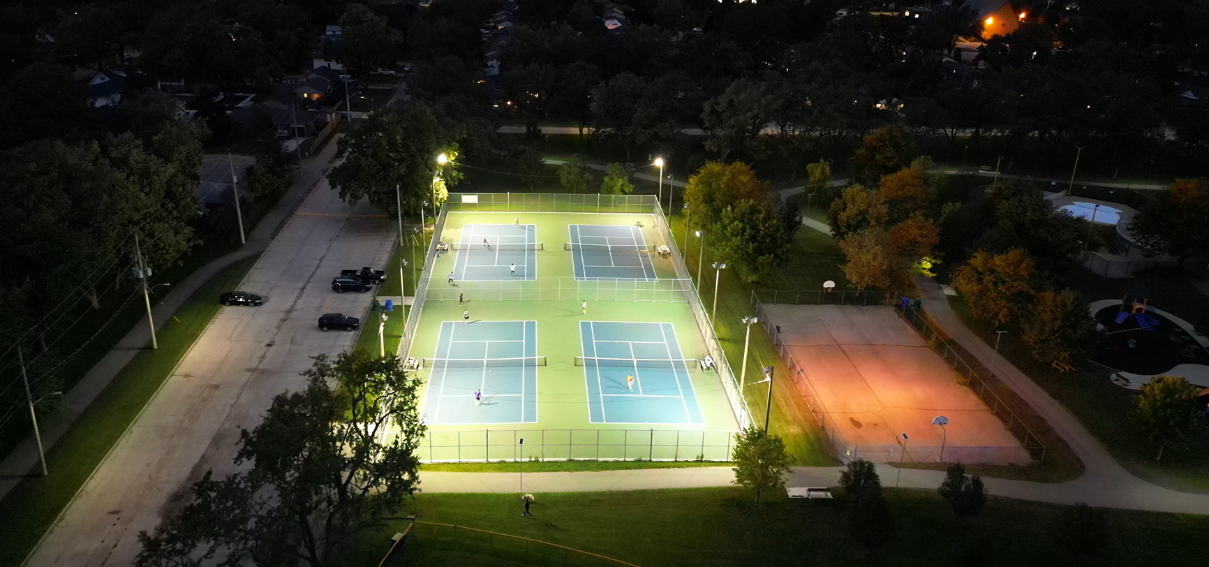 Night aerial view of tennis courts